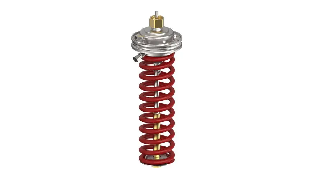 Danfoss Druckminderer mit roter Spiralfeder und Metallgehäuse, geeignet zur Regelung von Druck in Rohrleitungssystemen.